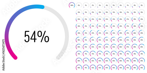 Set of circular sector arc percentage diagrams meters progress bar from 0 to 100 ready-to-use for web design, user interface UI or infographic - indicator with gradient from magenta hot pink to blue