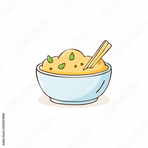 Charming illustration of a bowl filled with appetizing yellow food and chopsticks resting inside