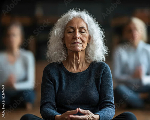 group of seniors practicing meditation in calm setting