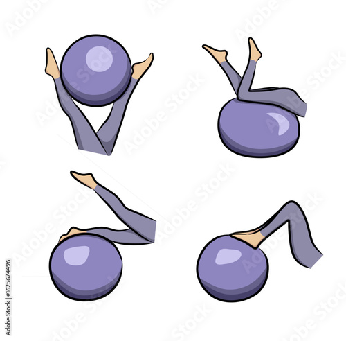 yoga ball exercise poses illustration with female legs doing pilates moves using purple fitness ball cartoon style