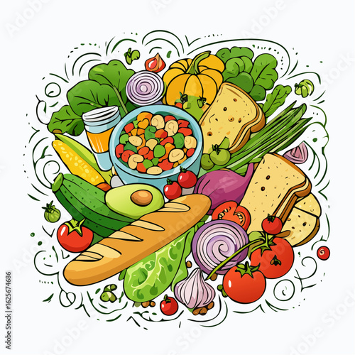 Vibrant and Healthy Food Illustration Showcasing Fresh Vegetables and Nutritious Ingredients