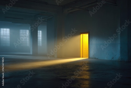 Industrial space, hazy, yellow door, beams