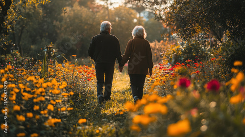 Walking hand in hand through vibrant flower garden