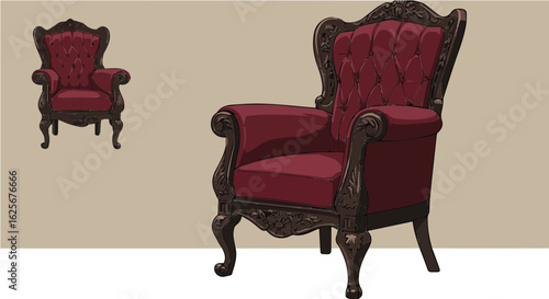 Home furniture explore vintage style high back arm chair with red velvet upholstery and ornate wood carving details design vector