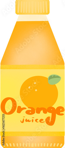 투명한 플라스틱 병 오렌지 주스 일러스트. 병에 오렌지 일러스트가 그려진 라벨지가 붙어 있다.