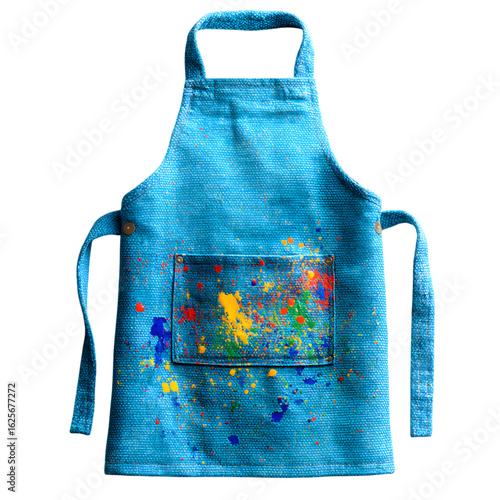 Bright Blue Apron with Colorful Paint Splatter Design for Creative Kitchen Activities