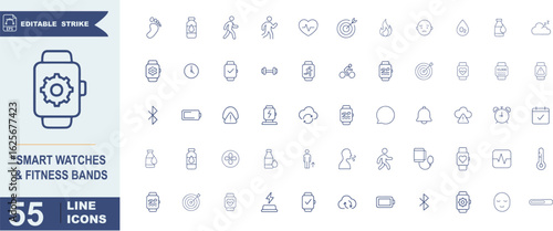 Smartwatch & Fitness Band Icon Set – 55 Line Symbols for Wearable Tech, Health Tracking, and Digital Lifestyle