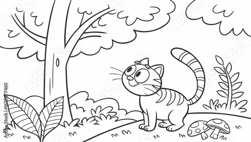 Vector Cartoon funny Cat, funny image in the forest, Coloring book page for children. Line Art isolated on white background