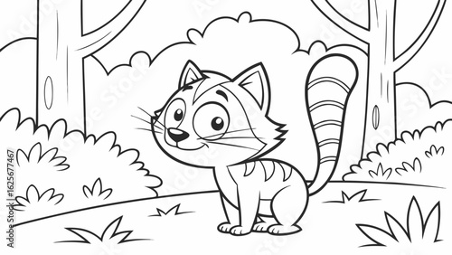 Vector Cartoon funny Cat, funny image in the forest, Coloring book page for children. Line Art isolated on white background