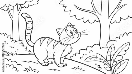 Vector Cartoon funny Cat, funny image in the forest, Coloring book page for children. Line Art isolated on white background