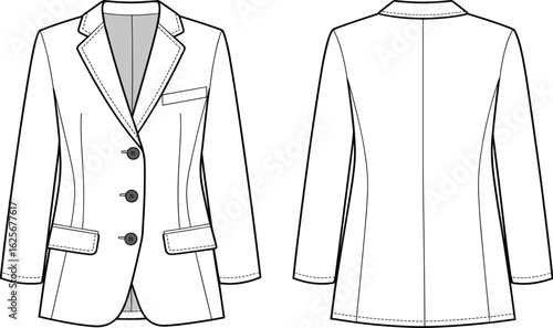 Blazer jacket cad drawing, front back fashion sketch, tailored coat flat vector, women formalwear design, technical clothing template