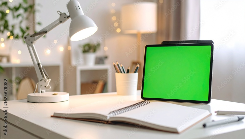 Cozy Workspace with Green Screen Tablet and Notebook Cozy Workspace with Green Screen Tablet and Notebook