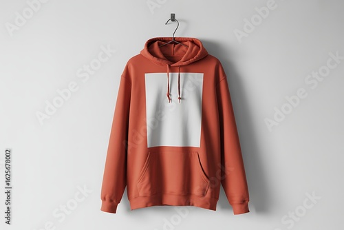 Terracotta Orange Hoodie with White Panel Hanging on Wall Mockup apparel clothing