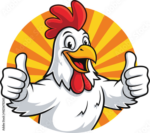 Cartoon chicken mascot giving thumbs up, cheerful farm animal character, vector illustration, food branding concept, happy rooster with smile