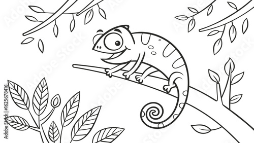 Vector Cartoon funny Chameleon, funny image in the forest, Coloring book page for children. Line Art isolated on white background