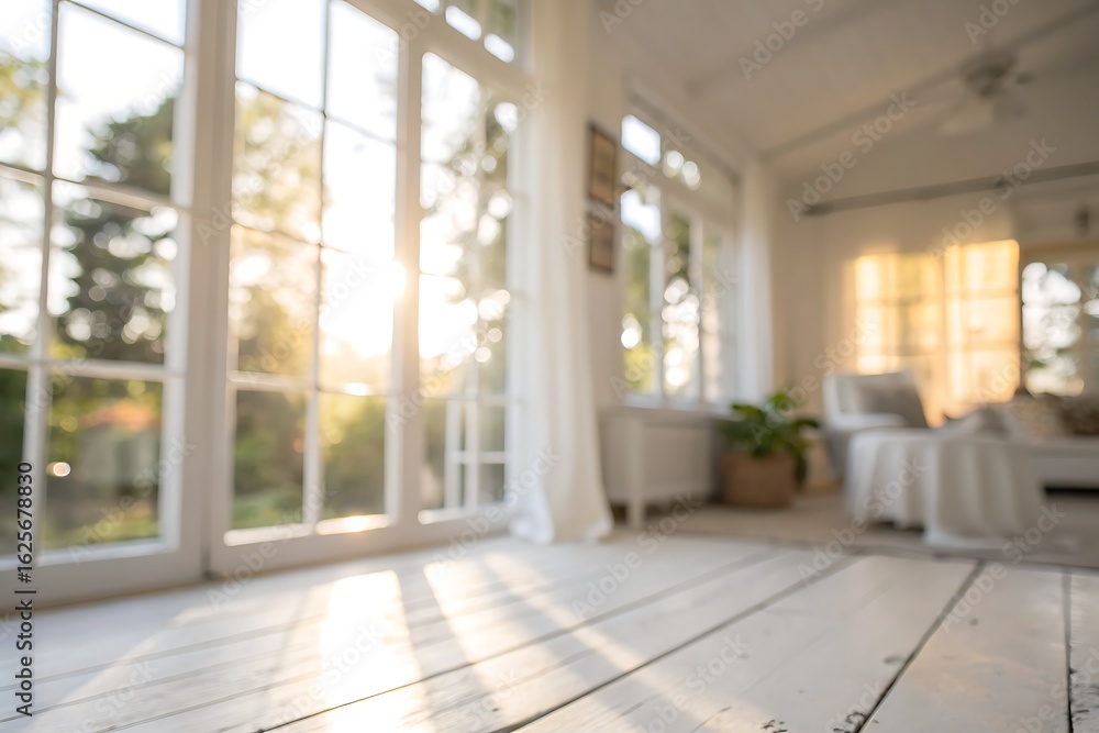 Obraz premium Sunlit Room with Open Windows and Wooden Floor Creating a Warm and Inviting Atmosphere