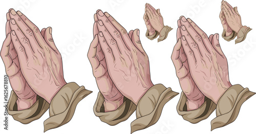 Cartoon illustration of praying hands in various sizes, religious gesture, folded hands symbol, faith, spirituality, vector isolated on white background
