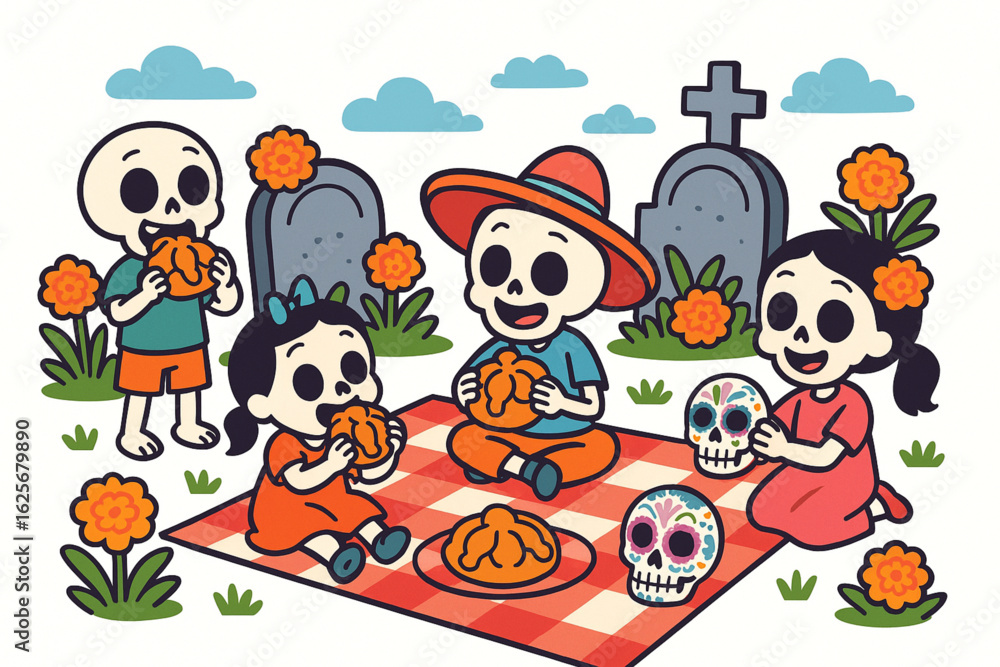 Naklejka premium Día de Muertos Picnic in Cemetery Coloring Illustration, Cartoon Flat Vector