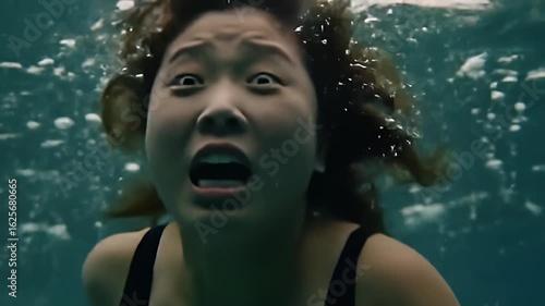 Woman underwater in a pool, distressed expression
