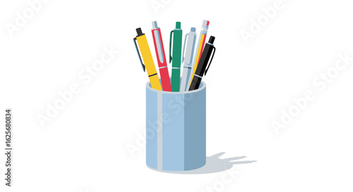 Pen Holder with Pens and Pencils Vector Illustration
