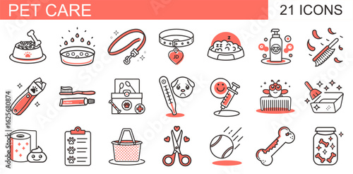 A set of 21 flat design icons in black and red accents, depicting pet care items like food bowls, grooming tools, and toys. Ideal for pet shops, vets, or grooming services.