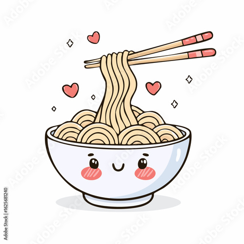 Adorable kawaii noodle bowl illustration with chopsticks and hearts expressing love
