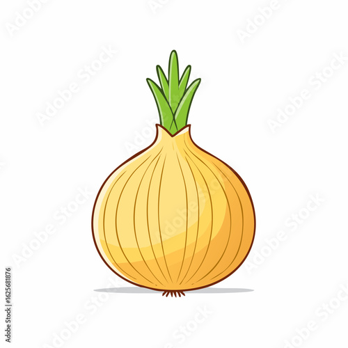 Illustration of a Fresh Yellow Onion with Green Shoots Isolated on White Background