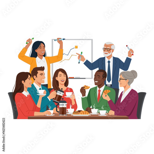 Diverse group of business professionals celebrates a successful project around a table with coffee and pastries, with a whiteboard displaying positive growth.