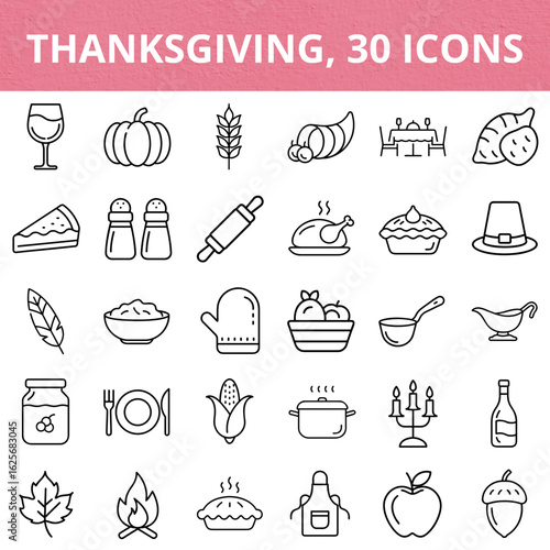 Thanksgiving icons set with various holiday symbols and food items  