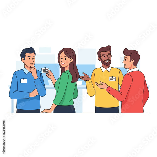 Four cheerful colleagues are collaborating and networking in a modern office environment, showcasing a friendly and productive team dynamic during a workday.