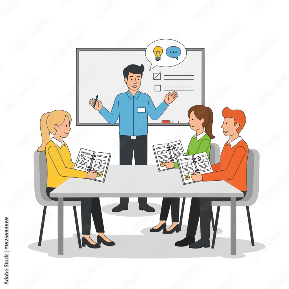 Fototapeta premium A male instructor confidently leads a productive training session for three attentive students in a bright, modern classroom setting, fostering collaboration and knowledge sharing.