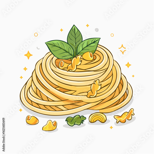 Cartoon illustration of pasta with basil leaves, a culinary delight in a vibrant and inviting style