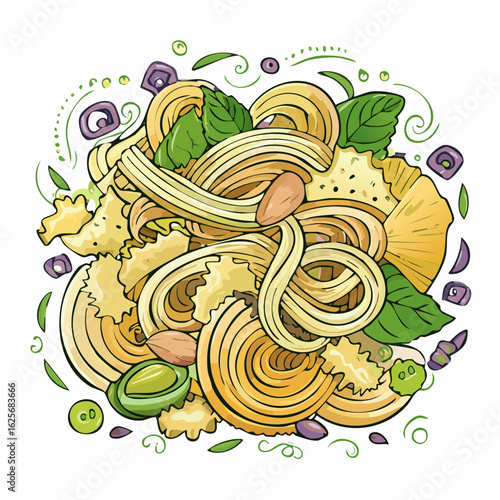 Hand-Drawn Pasta Medley with Toppings: A Whimsical Italian Culinary Delight Illustration