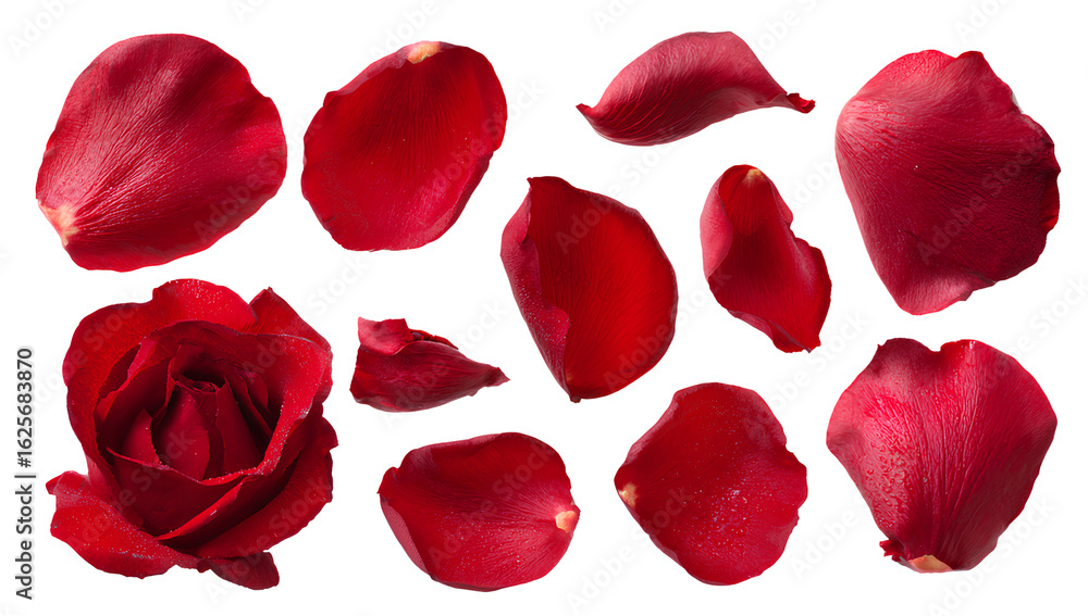 Fototapeta premium A set of red rose petals in various poses and sizes, arranged on a Transparent background PNG