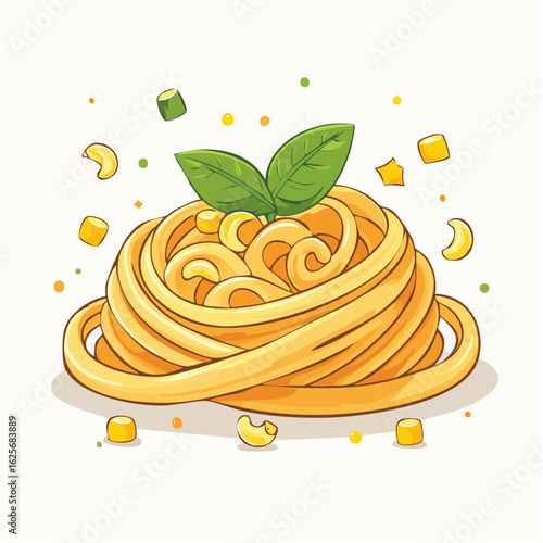Delightful pasta nest cartoon illustration with vibrant toppings and fresh basil garnish