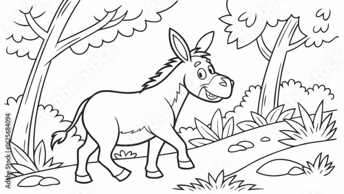 Vector Cartoon funny Donkey, funny image in the forest, Coloring book page for children. Line Art isolated on white background