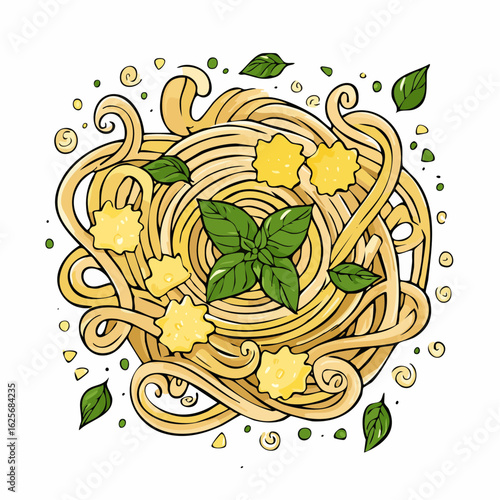 Stylized Spaghetti Pesto Dish with Cheese and Basil Leaves Presentation Illustration