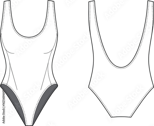 One piece swimsuit technical drawing, front and back view, vector fashion flat sketch, swimwear CAD template, detailed garment illustration