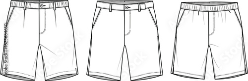 Men’s and women’s Bermuda shorts technical flat sketch vector template set with waistband, pleats, elastic waist, and pockets