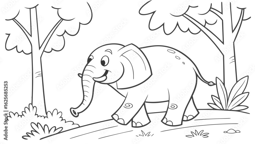 Naklejka premium Vector Cartoon funny Elephant, funny image in the forest, Coloring book page for children. Line Art isolated on white background