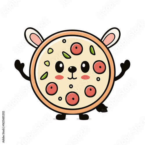 Adorable Pizza Character Illustration with Bunny Ears on a White Background, Vector Art