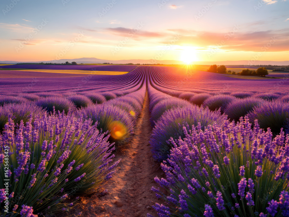 Obraz premium Lavender field at sunset with vibrant colors ideal for natural beauty and relaxation themes