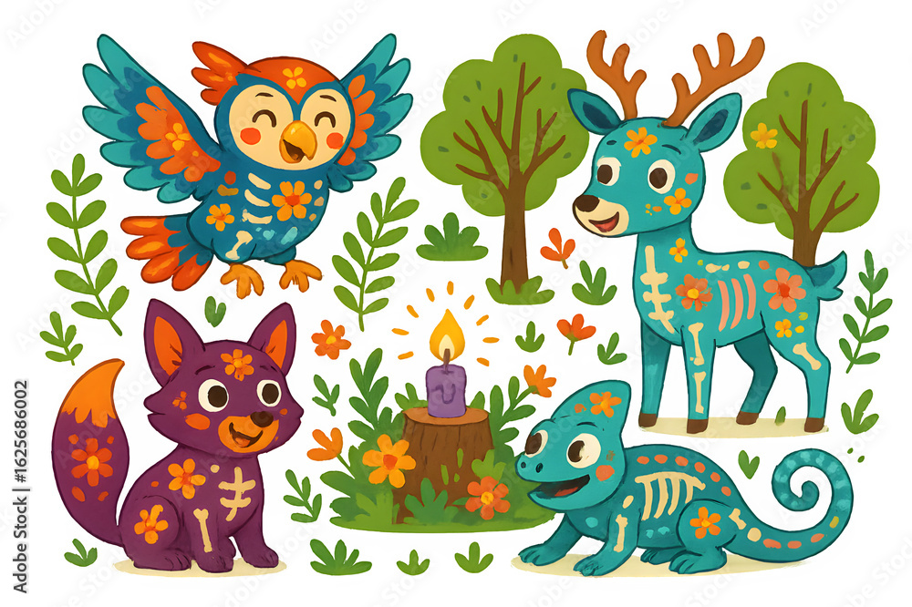 Fototapeta premium Día de Muertos Joyful Alebrije Animal Spirit Guides Coloring Illustration, Flat Vector