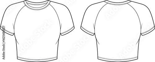 Short sleeve cropped t-shirt technical sketch, front and back view, fashion flat template, apparel design drawing, vector outline illustration