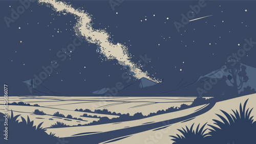 Night sky landscape vector art with milky way stars and shooting star for wallpaper or background use