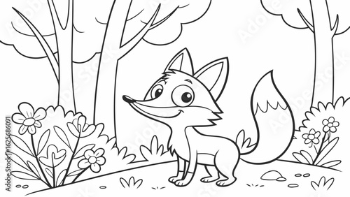 Vector Cartoon funny Fox, funny image in the forest, Coloring book page for children. Line Art isolated on white background