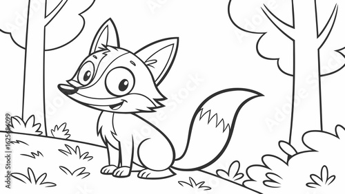 Vector Cartoon funny Fox, funny image in the forest, Coloring book page for children. Line Art isolated on white background