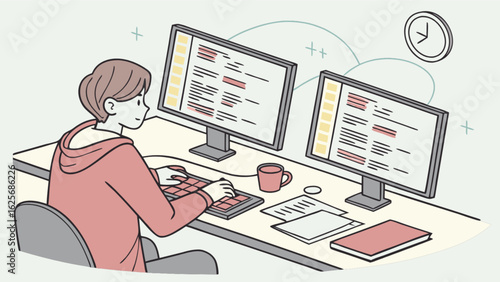 Illustration of programmer working on computer coding and software development with dual monitors setup at desk