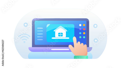 Smart home automation system on laptop with hand touching screen for iot technology and control panel
