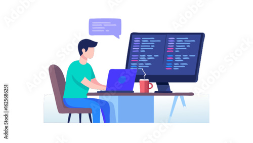 Freelance developer working on laptop and computer coding programming software engineering at desk job